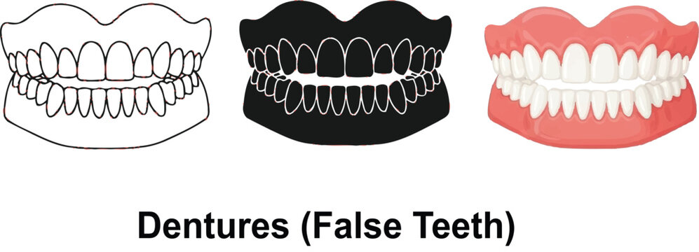 Collection of dentures including outline silhouette and realistic styles representing dental prosthetics for oral health and cosmetic improvement