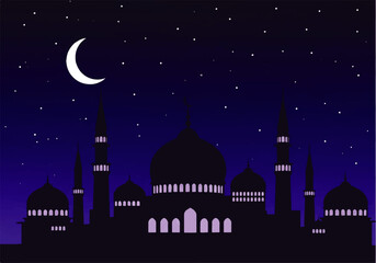 Vector flat design illustration of a mosque silhouette under a crescent moon and starry night sky with a deep blue gradient background.