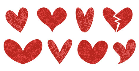 Set of red glitter heart shapes, classic and a broken, isolated on white background. Vector illustration for Valentine&rsquo;s Day, love cards, decorations and romantic design 
