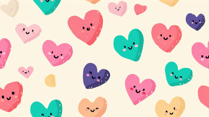 Fototapeta premium Cute seamless pattern with smiling cartoon hearts in pastel colors creating a playful valentine background