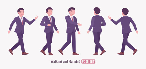 Stylish asian businessman in formal suit walk, run pose set. Male top manager elegant office interview outfit business look, mens fashion, confident executive. Vector flat style cartoon illustration