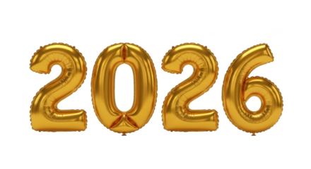 Gold balloons spelling out the year 2026 on a black background number
