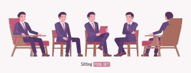 Stylish asian businessman in formal suit sitting pose set. Male top manager elegant office interview outfit business look, mens fashion, confident executive. Vector flat style cartoon illustration