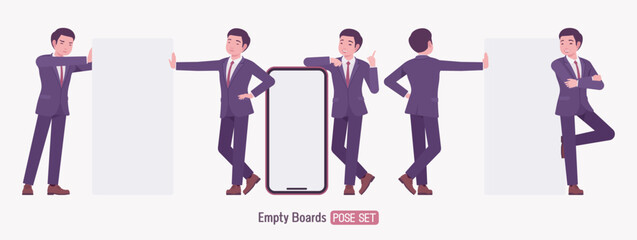 Stylish asian businessman near giant empty board, phone screen set. Male top manager elegant office interview outfit business look, fashion, confident executive. Vector flat style cartoon illustration