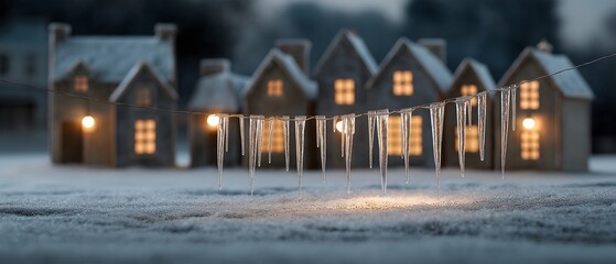 A serene winter village scene, with cozy homes softly illuminated, sparkling icicles, creating a peaceful and festive atmosphere.