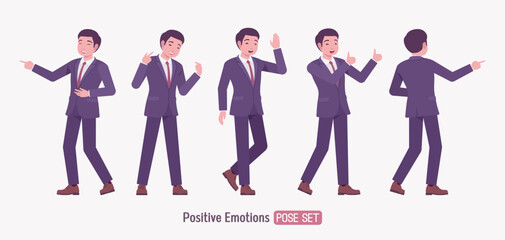 Stylish asian businessman formal suit positive emotions pose set. Male top manager elegant office interview outfit business look, fashion, confident executive. Vector flat style cartoon illustration