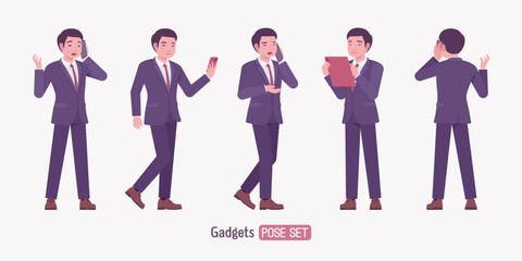 Stylish asian businessman in formal suit using gadgets pose set. Male top manager elegant office interview outfit business look, fashion, confident executive. Vector flat style cartoon illustration