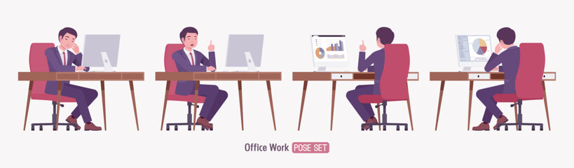 Stylish asian businessman in formal suit working at desk pose set. Male top manager elegant office interview outfit business look, busy confident executive. Vector flat style cartoon illustration