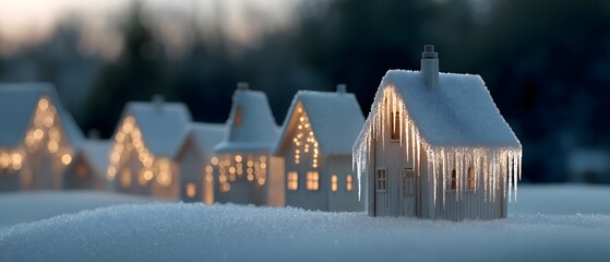 A tranquil winter scene of quaint, snow-covered homes, illuminated with a warm inviting glow, evoking a sense of serenity and coziness.