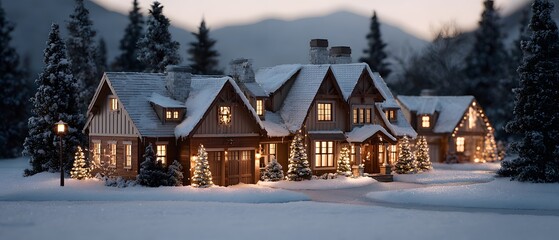A captivating snow-covered mansion, evoking a sense of tranquility and warmth against a backdrop of towering pines and a serene mountain range, offers a glimpse into a holiday haven.