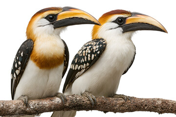 Two hornbills couple stiting on a branch, romantic Valentine concept.