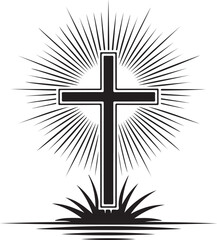 Vector Black Christian cross with sunburst rays and grass