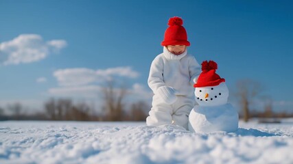 Small child in white snowsuit on a sunny snowfield under blue sky shapes a snowman, claps and tosses powder overhead, steps closer through drifts, then carefully straightens the red hat, smiling.