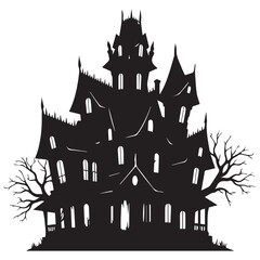 Spooky haunted house silhouette with bare trees on white background
