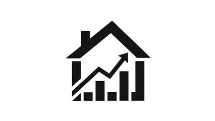 Obraz premium Black and white house icon with an upward-trending chart, symbolizing growth