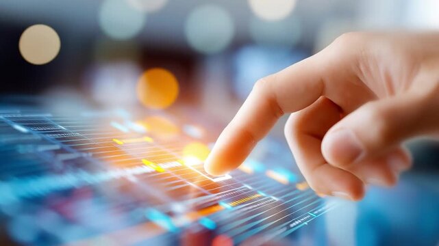 Close-up hand moves toward a glowing touchscreen interface, fingertip taps then swipes across holographic data grid as icons pulse, charts animate, and light streaks shift in real time.