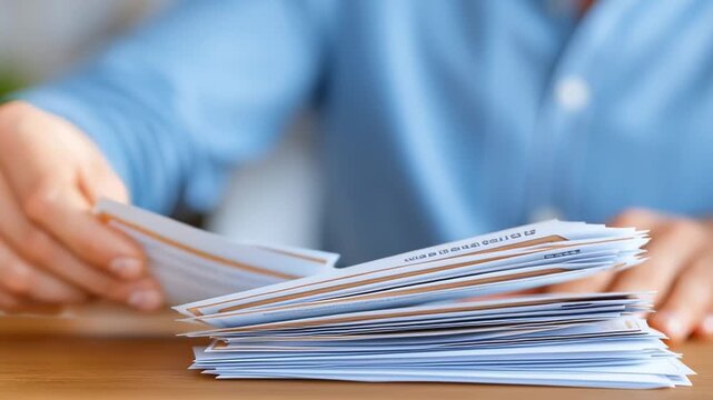Close-up of man&rsquo;s hands on a desk lifting, flipping, and tapping a thick stack of paperwork, aligning edges, separating pages, and sliding the pile forward in a smooth office routine.