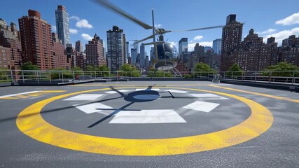 Modern rooftop helipad in a dense city as a helicopter approaches, descends, and lands on the marked pad, rotors spin fast under a clear blue sky in bright midday light.