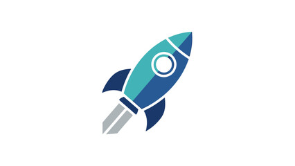 A stylized rocket ship in shades of blue and teal against a white background, ascending