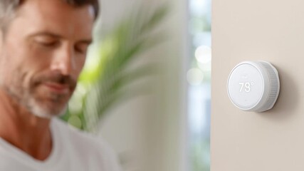 Middle-aged man in bright home adjusts smart thermostat on beige wall, finger turns dial as temperature changes, calm focused expression. Energy saving climate control automation concept.