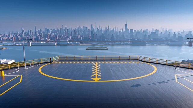 Empty rooftop helipad beside a waterfront city skyline in clear daylight as the camera slowly pulls back and widens, revealing the full landing circle, railings, and yellow arrows.
