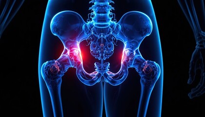 Human pelvis and hip bones glowing blue with red pain points