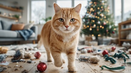 A ginger cat walks confidently across the room, destroying the Christmas decor - a cheerful mess against the backdrop of the tree.