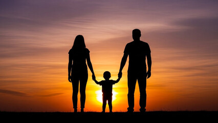 A heartwarming silhouette of a mother, father, and their young child holding hands while standing together against a dramatic sunset sky.