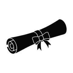 A black and white illustration of a rolled-up diploma with a bow, set against a clean white background in a simple graphic style.