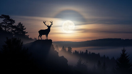 A striking silhouette of a deer with large antlers standing gracefully on a cliff edge overlooking a vast, misty forest under a bright full moon.