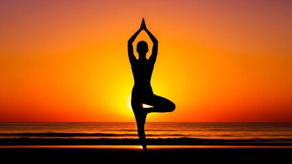 A serene silhouette of a woman performing a yoga tree pose on the beach, perfectly balanced against a breathtaking ocean sunset.