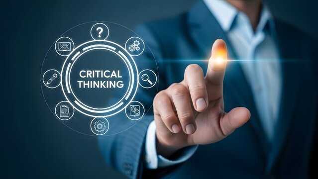 Critical thinking concept with businessman and digital interface