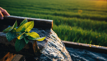 夕陽を浴びて流れる清流と瑞々しい緑の葉、右側に広いコピースペースがある潤いと生命力の背景素材