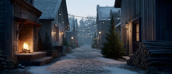 A serene winter scene of a quiet street, snow-covered buildings and charming string lights create a warm, inviting atmosphere, perfect for the holiday season.