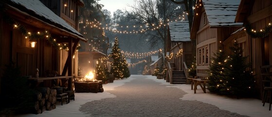 A captivating winter village scene is illuminated with twinkling lights, the cozy ambiance is perfect for holiday season.