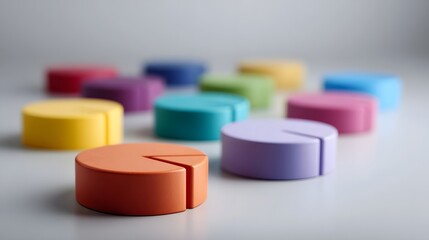 A colorful collection of abstract geometric discs resembling pie chart segments arranged on a smooth surface symbolizing business data and strategy