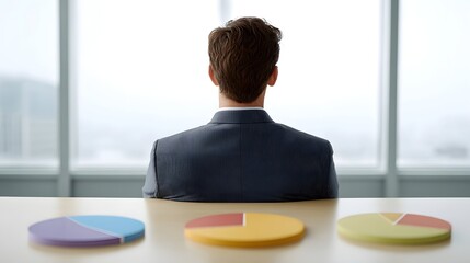 Back view of a businessman contemplating business data charts at an office desk