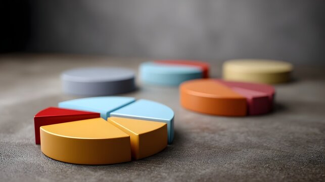 Abstract arrangement of colorful geometric pie chart segments on a textured surface symbolizing data division and business concepts - Powered by Adobe