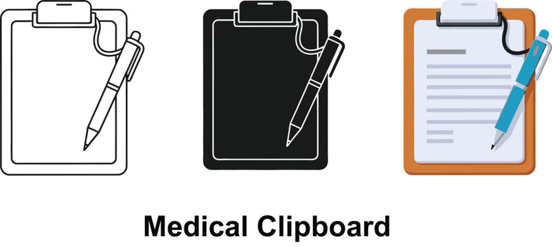 Collection of medical clipboard icons representing patient records and doctors notes in flat and outline styles for healthcare applications