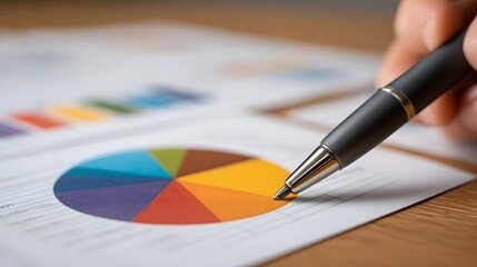 Hand using a pen to analyze colorful pie and bar charts on a business document