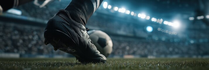Football player's foot in soccer boot kicking ball on green grass field during night match in stadium with bright lights banner