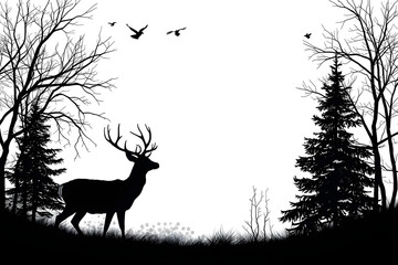 A serene forest scene featuring a majestic deer standing amidst trees and birds in flight.