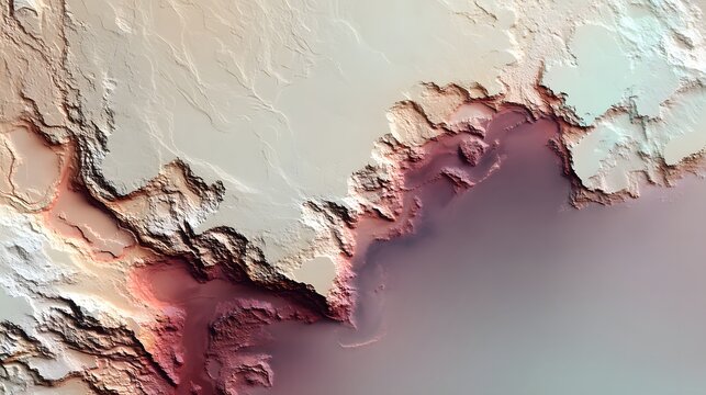 Geological Boundary on Pluto's Reddish Terrain. High-contrast view of a dark red terrain meeting a pale icy plain, inspired by the unique surface features of the dwarf planet.