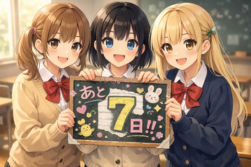 残り7日のカウントダウンを知らせるアニメ美少女3人　教室で黒板を持つ可愛い学生イラスト
