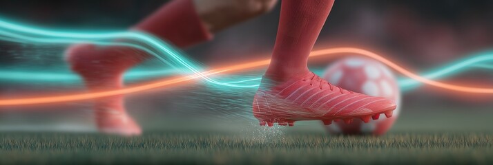 Football player's foot in red shoe kicking soccer ball on green grass field, surrounded by dynamic light streaks representing speed and energy