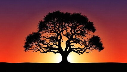 A solitary tree stands silhouetted against a dramatic sunset sky with vibrant orange and purple hues.