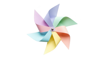 Pastel colored paper pinwheel toy with eight blades on black background colors