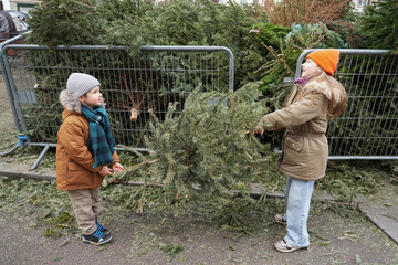 A brother and sister throw away Christmas trees behind the fence