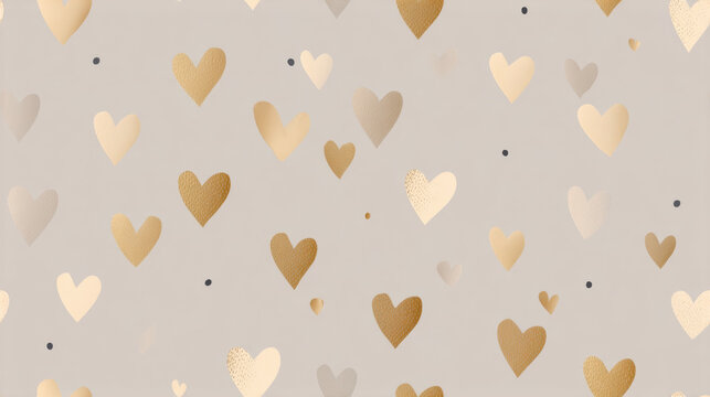 Minimal seamless pattern with soft beige and gold hearts on neutral background, elegant romantic design with subtle textures and calm modern aesthetic