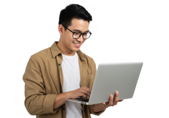 Young man with glasses working on a laptop isolated on transparent background